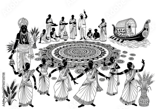 Traditional Indian Festival Celebration Dancers, Figures, and Cultural Elements in Monochrome