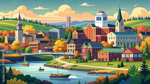 Very beautiful view of Augusta, Maine, USA, featuring the downtown skyline, riverside scenery, historic architecture, and calm natural surroundings in a realistic and peaceful landscape.