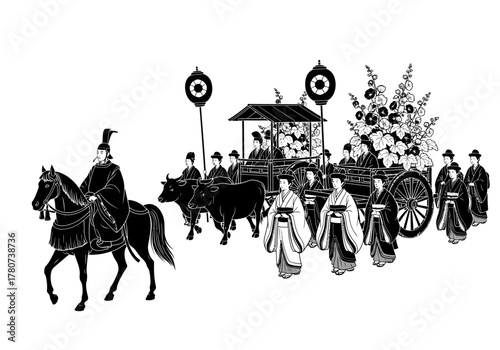 Traditional Japanese Funeral Procession Illustration A Black and White Depiction