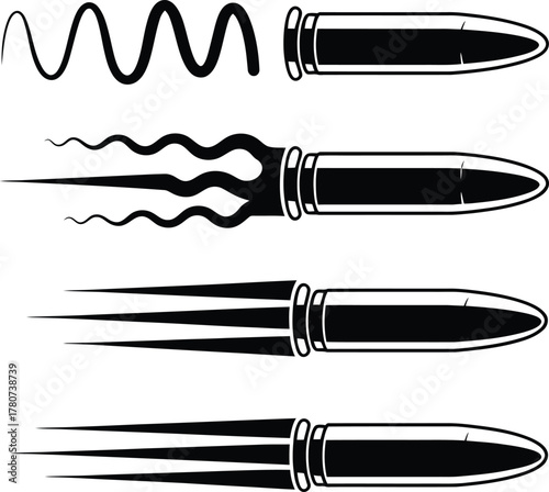 Four stylized bullets in motion showing increasing speed and trajectory lines