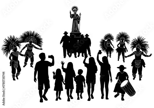 Silhouetted festival scene featuring a statue, performers, and crowd with diverse activities