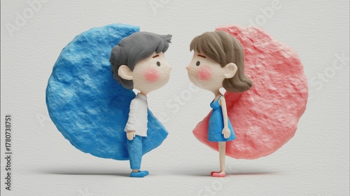 Cute clay figurines of boy and girl kissing against pastel background of blue and pink Concept of childhood love and tenderness