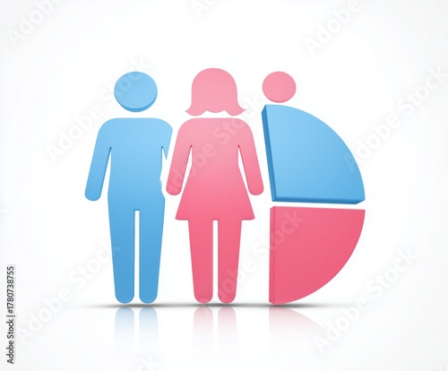Three stylized gender symbols in blue and pink forming a circle chart on white background Concept of gender equality and social balance