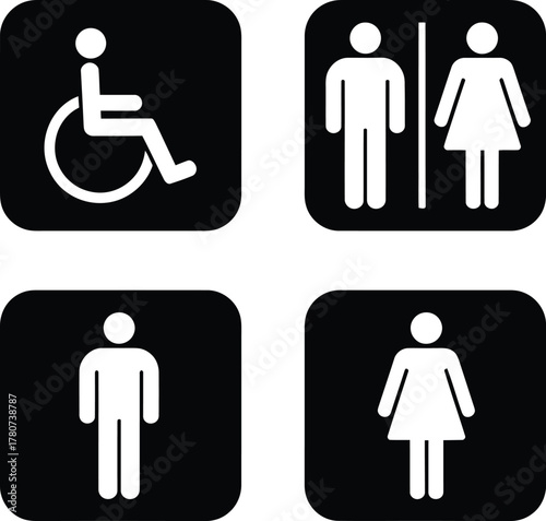 Set of four black and white icons representing men women and accessible restroom facilities