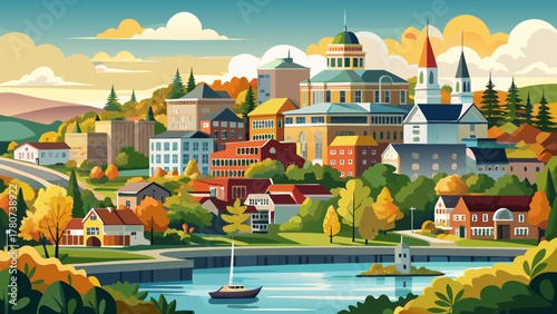 Very beautiful view of Augusta, Maine, USA, featuring the downtown skyline, riverside scenery, historic architecture, and calm natural surroundings in a realistic and peaceful landscape.