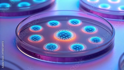 Glowing Genetic Samples in Petri Dishes Under UV Light