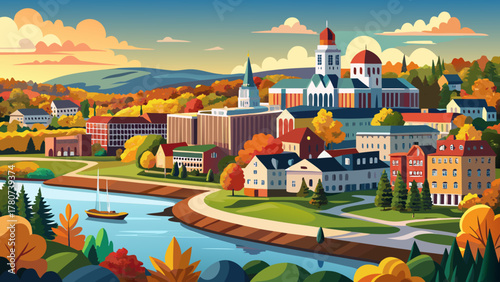 Very beautiful view of Augusta, Maine, USA, featuring the downtown skyline, riverside scenery, historic architecture, and calm natural surroundings in a realistic and peaceful landscape.