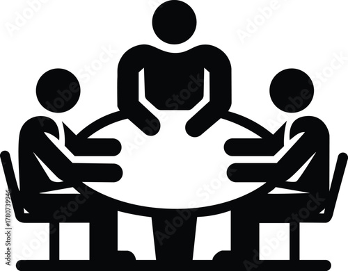 Three people in a business meeting around a round table silhouette vector