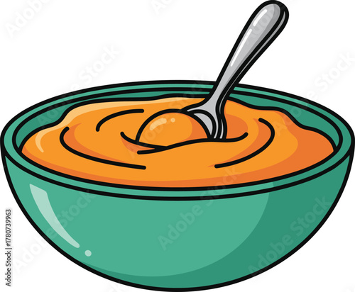 Cartoon bowl of creamy orange soup or puree with spoon vector illustration, delicious hot meal concept for food art design.