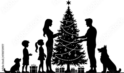 Family Christmas Tree Celebration Silhouette