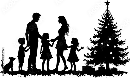 Family Christmas Tree Celebration Silhouette