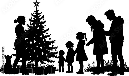 Family Christmas Tree Celebration Silhouette
