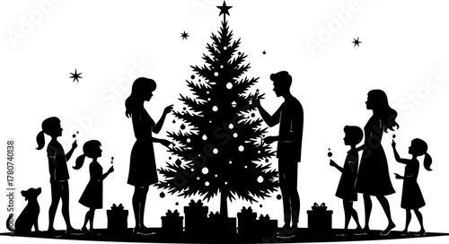 Family Christmas Tree Celebration Silhouette