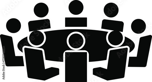Group of people gathered around a table for a meeting or conference Silhouette symbol vector design