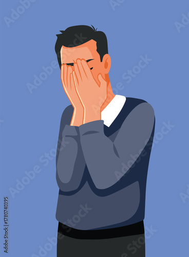 Sad Unhappy Man Covering his Face Crying Vector Illustration. Depressed guy covering his face feeling stressed and anxious 