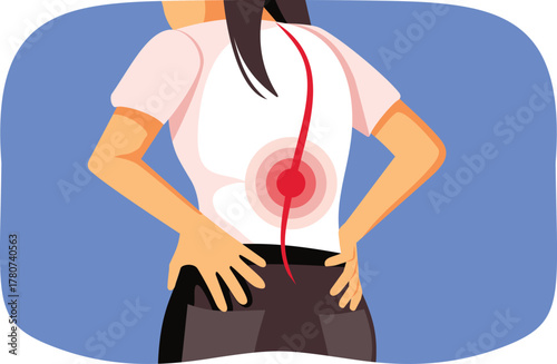 Person Suffers from Lumbar Pain Feeling Discomfort Vector Illustration. Woman  suffers from back pain complaining being sore 
