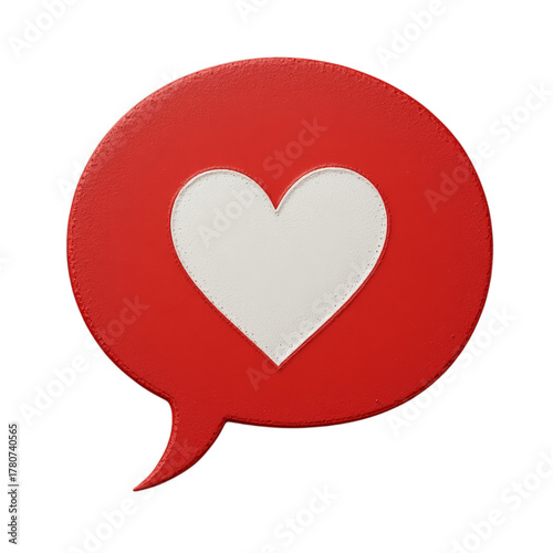 A red speech bubble with a white heart symbol inside. The background is black, creating a strong contrast. Ideal for themes of love and communication.