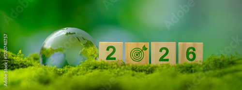 Bild auf Leinwand 2026 Sustainability Goals: Glass Globe and ESG Wooden Blocks