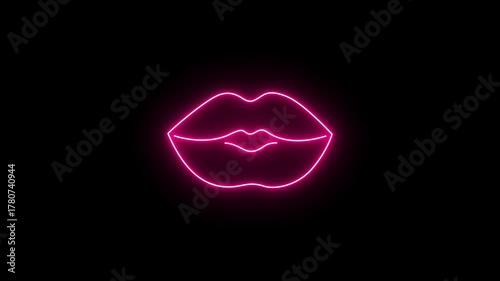 Glowing pink neon outline lips animation. Fashion. Beauty. Party. Romance. 4K abstract motion graphic.