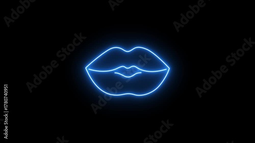 Abstract glowing blue neon lips outline graphic. Luminous electric sign effect. Kiss. Romance. Beauty. Sensuality. 4K animation.