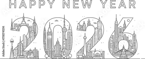 Happy new year 2026 greeting card with a cityscape design, a festive and modern way to celebrate upcoming year with urban flair and anticipation