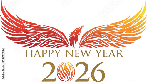 Happy new year 2026 greeting card featuring a phoenix with wings spread wide, symbolizing rebirth and new beginnings, design incorporates vibrant colors