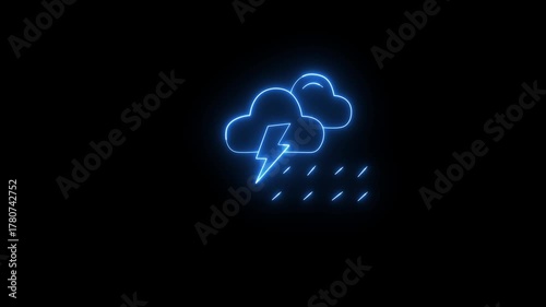 Glowing blue neon storm cloud with lightning and rain animation. Weather forecast. Atmospheric effect. Heavy downpour. 4k video motion graphic.