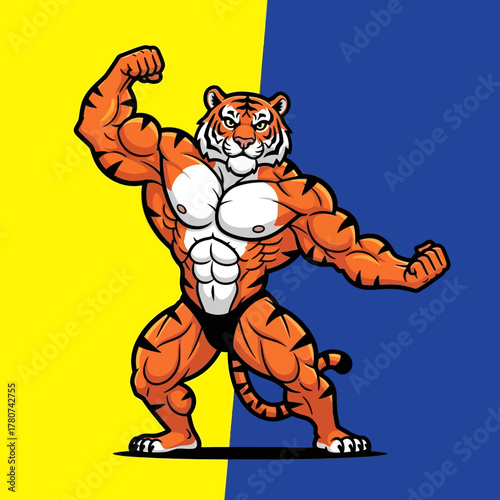 Dynamic tiger mascot flexing powerful muscles on vibrant backdrop, a strong symbol for sports, fitness, and competitive branding in energetic marketing campaigns