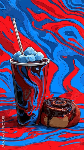 Iced blue drink with marshmallows and cinnamon roll on table against vivid red and blue fluid abstract background Concept of futuristic dessert art and pop culture