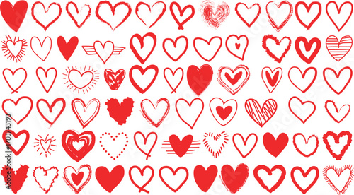 Hand drawn red heart shapes vector including brush strokes sketches and doodles design representing love and romance for Valentine's Day