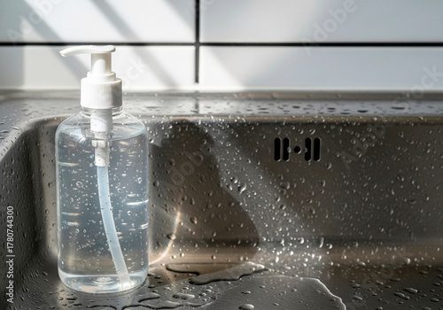 A clear bottle of hand sanitizer gel in a wet stainless steel kitchen sink. Hygiene, cleanliness, and disinfection concept for virus prevention
