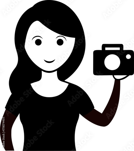 Gril taking selfie with camera silhouette icon vector on white background 