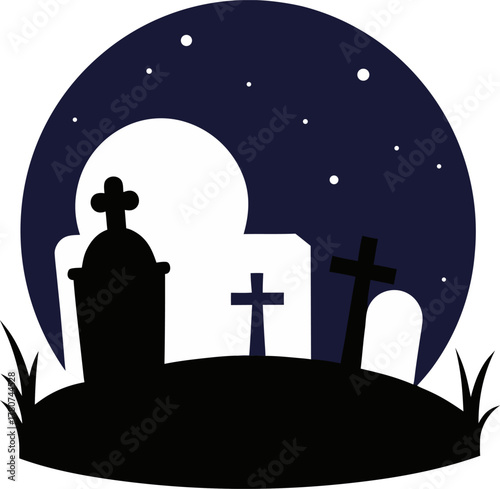 Graveyard scene with moon night sky silhouette icon vector on white background 
