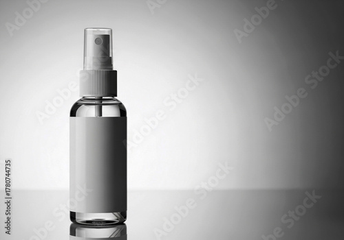 Product mockup: transparent spray bottle with empty label, grey backdrop, cosmetic/sanitizer container, copy space available