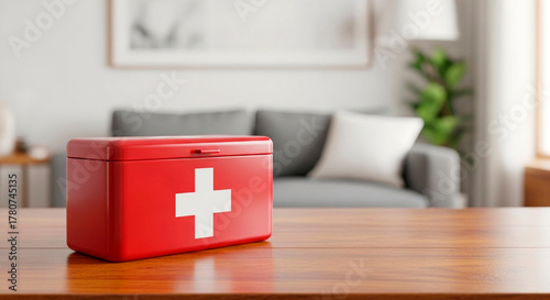Home safety illustration: red first aid kit, white cross, wooden table, emergency preparedness with copy space
