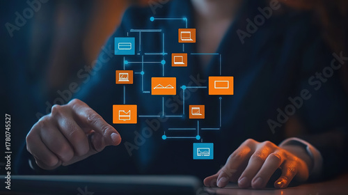 Workflow automation and business process mapping concept. Businessman touching flowchart interface, representing workflow automated, process planning, business flow, system optimization,