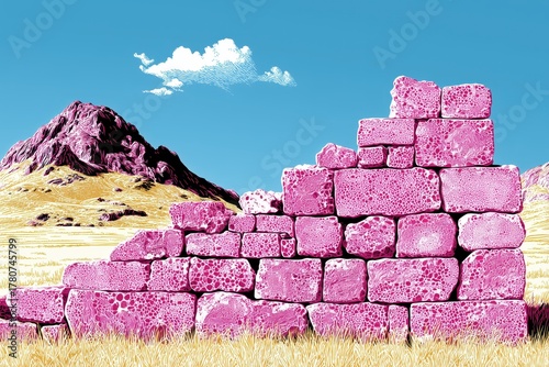 Bright magenta stone wall ruins against dry field and blue sky with distant hill Concept of surreal landscape and altered reality