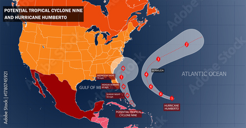 Tableau sur toile Potential Tropical Cyclone Nine expected Path and Hurricane Humberto expected