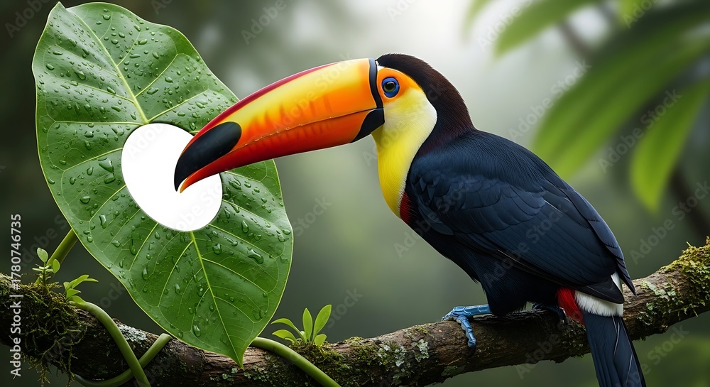 Naklejka premium Colorful Toucan Perched on Branch with Leaf in Tropical Rainforest.