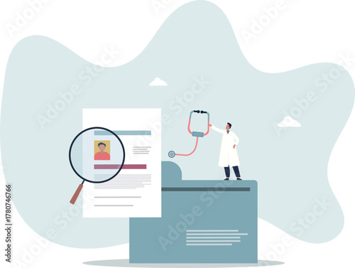 Medical history and record information about patient.Health database folder with disease treatment, diagnosis or care paperwork .about a man and his life.