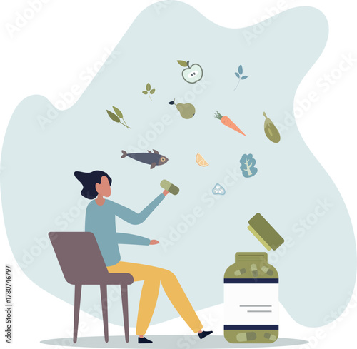 Dietary supplements as extracted food nutrients in pills Vitamins, minerals,life and employment of people.