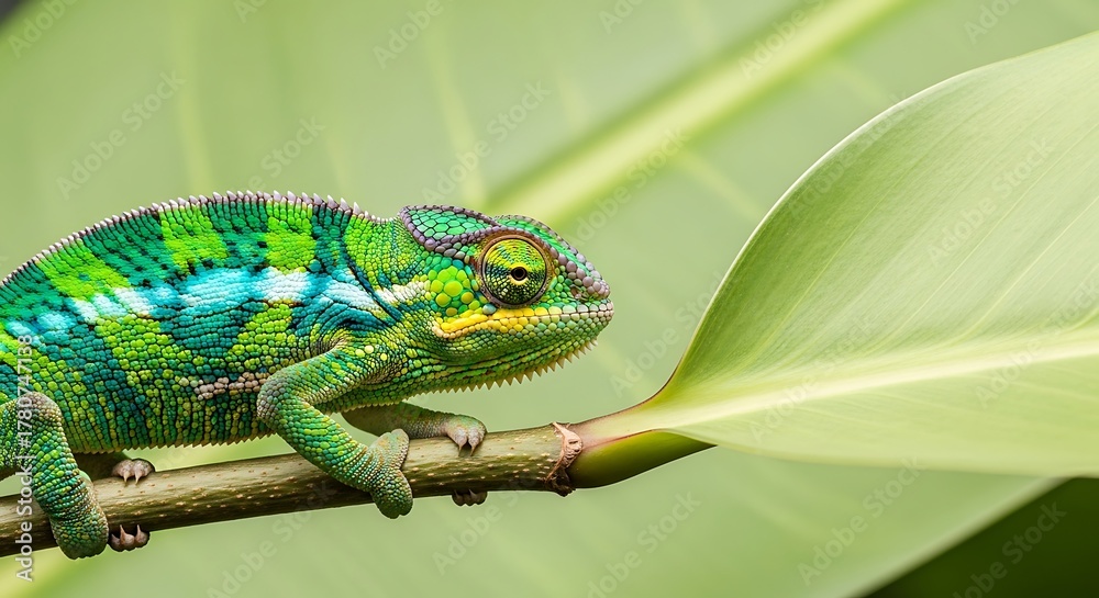 Fototapeta premium Vibrant chameleon perched on a branch amidst lush greenery.