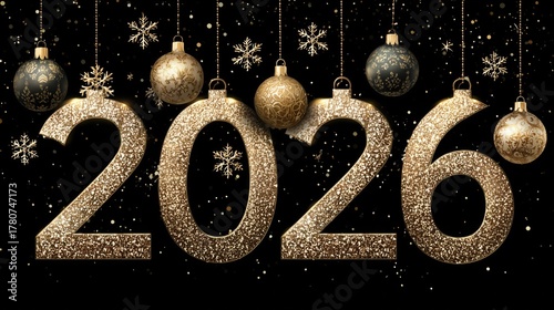 Christmas 2026 Golden Glitter Numbers with Ornaments and Snowflakes on Black Background, Festive Design Element for Wallpaper Poster Banner in Holiday Celebrations and New Year Greetings