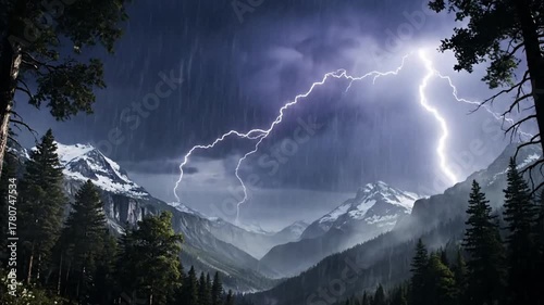 Intense atmospheric conditions with torrential rain cascading over rugged terrain, wind swept foliage, and swirling mist, showcasing nature's fury. Close up and wide shots of heavy rainfall and?
