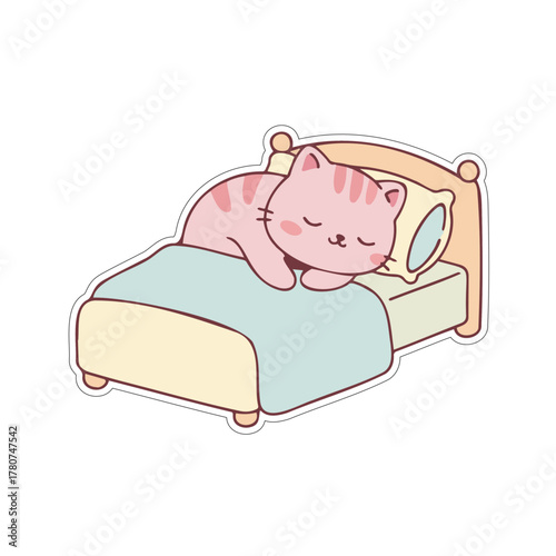 adorable pink cat sleeping soundly in bed sticker
