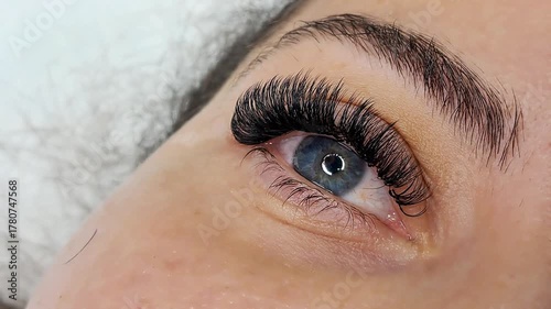 Close up of female eye with eyelash extensions ,eyelash extension procedure.2d volume, 3d volume, classical lashes,Russian volume,mega volume, new set.