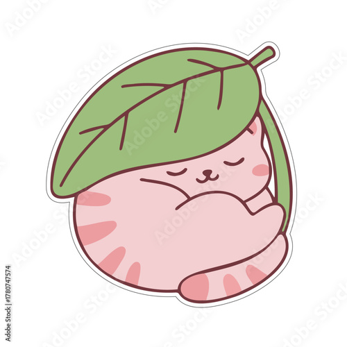 cute cat sleeping under green leaf blanket sticker