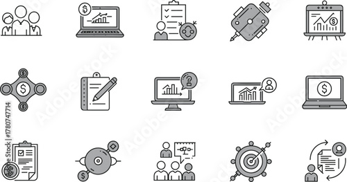 Business icons, finance graphics, teamwork visuals, data analysis, strategic planning, checklist, investment, collaboration, goal setting, process flow, presentation board