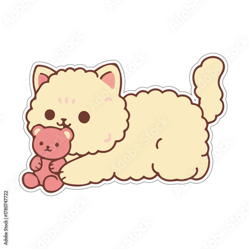 kawaii cat sleeping holding teddy bear sticker