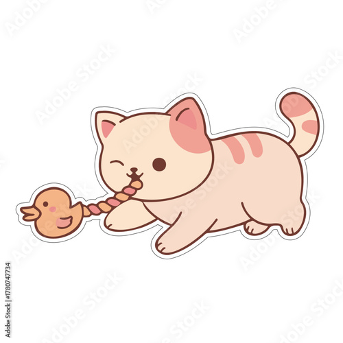 cute pink kitten playing with toy sticker vector